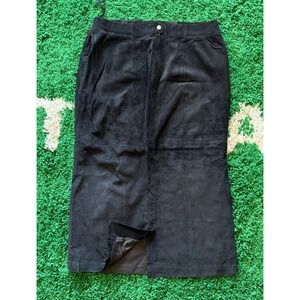 Preston York Black Suede Leather Midi Skirt Elastic Waist Button Zip Front Slit